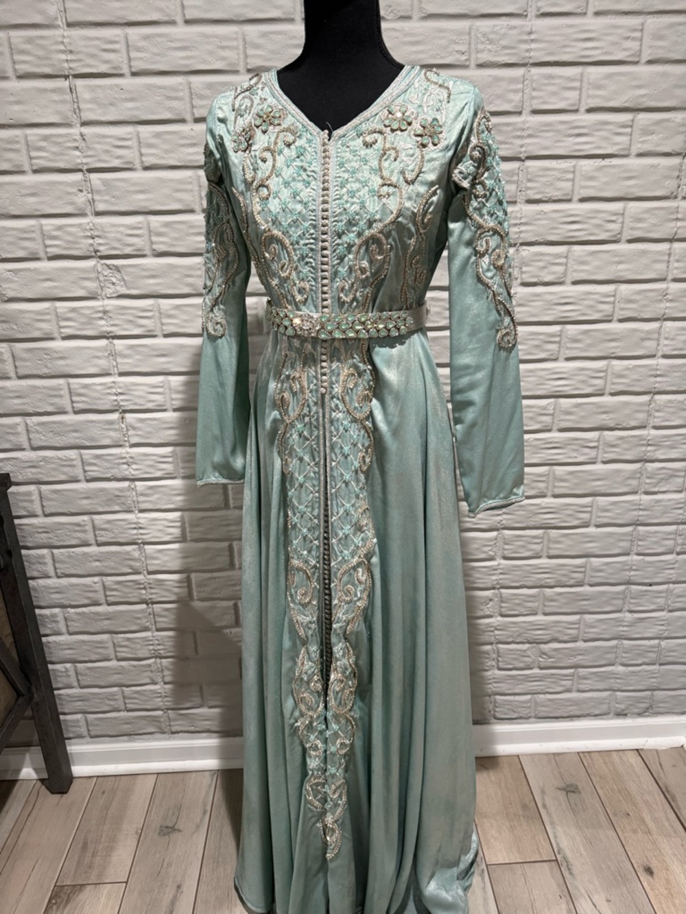 Baby blue Embroidered Long Sleeve Evening kaftan Dress